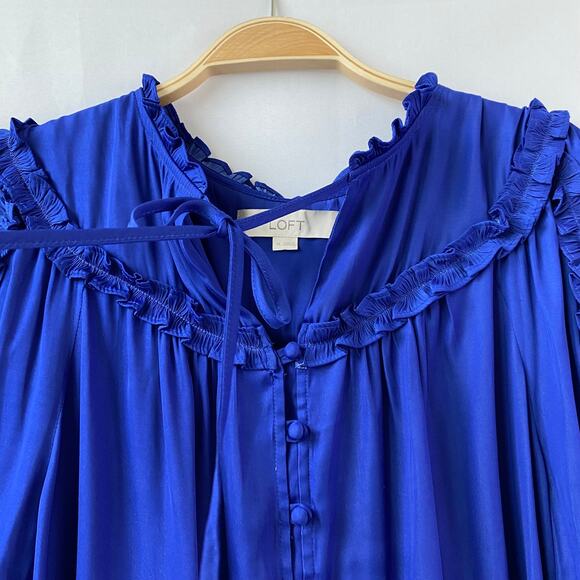 Ann Taylor LOFT Boho Blouse Top Women M Lot of 2 Royal Blue Blush Ruffle Pleated - Picture 5 of 11